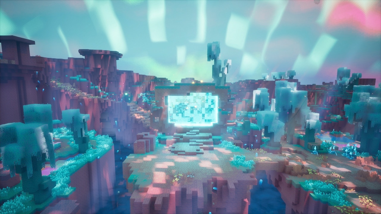 A glowing blue portal in The Sift surrounded by turquoise vegetation and colorful canyon walls