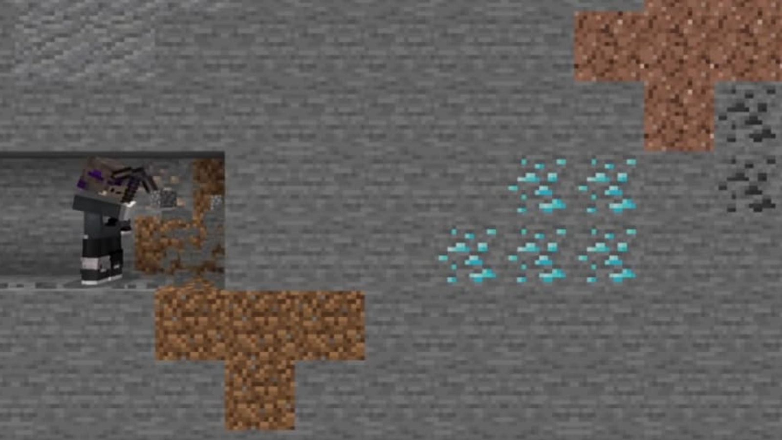 A Minecraft character mines stone in an underground tunnel with a pickaxe
