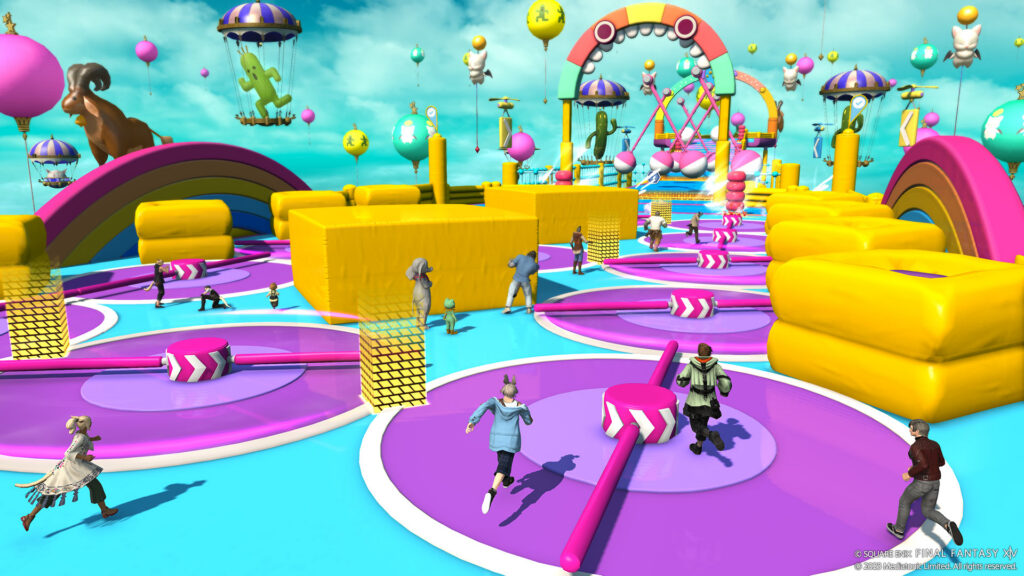 Final Fantasy XIV characters competing in the Fall Guys Blunderville event