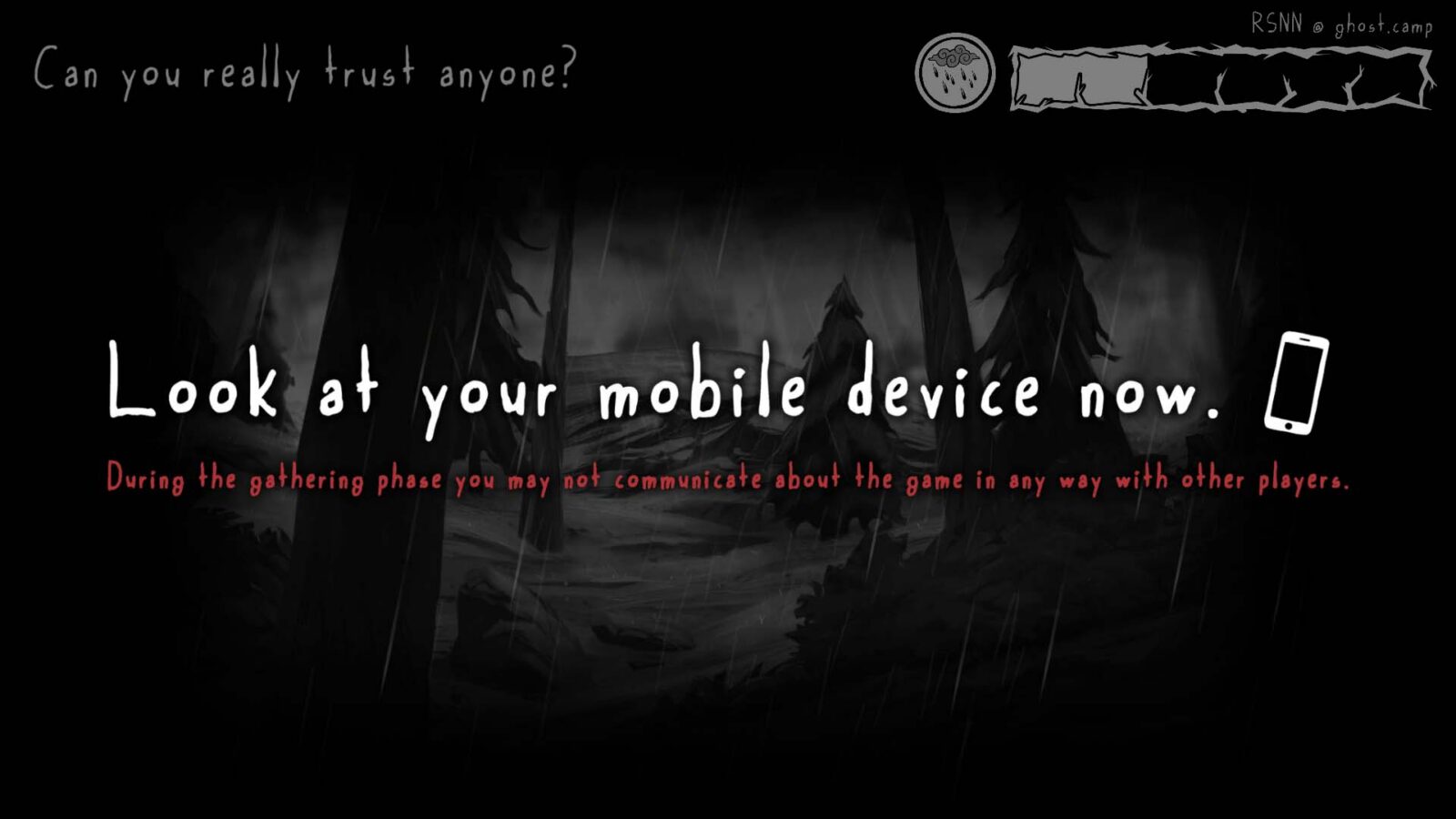 Forest of Deceit players gather around a campfire in the forest