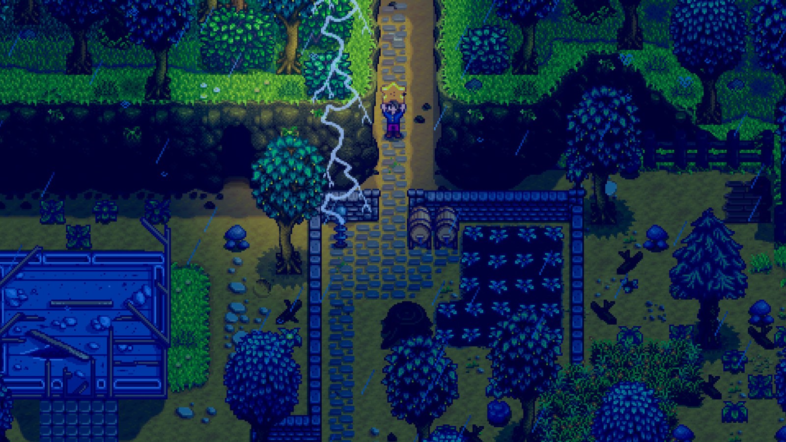 Stardew Valley farm gameplay screenshot showing crops and a Fish Pond