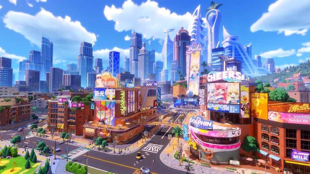 WonderPaws gameplay screenshot showing Paw City, the cozy animal-filled city life sim