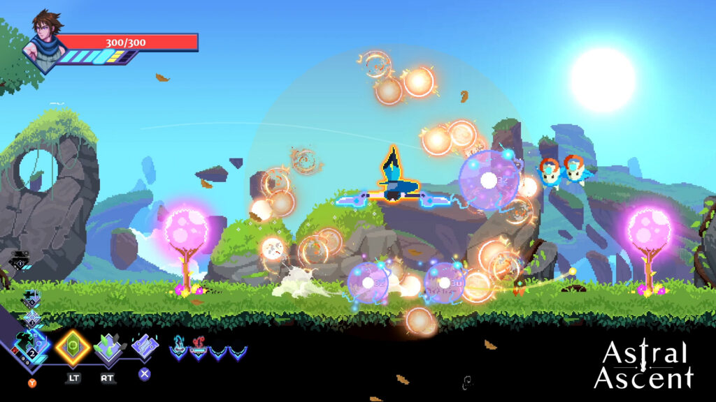 Astral Ascent gameplay showing combat in a colorful side-scrolling arena
