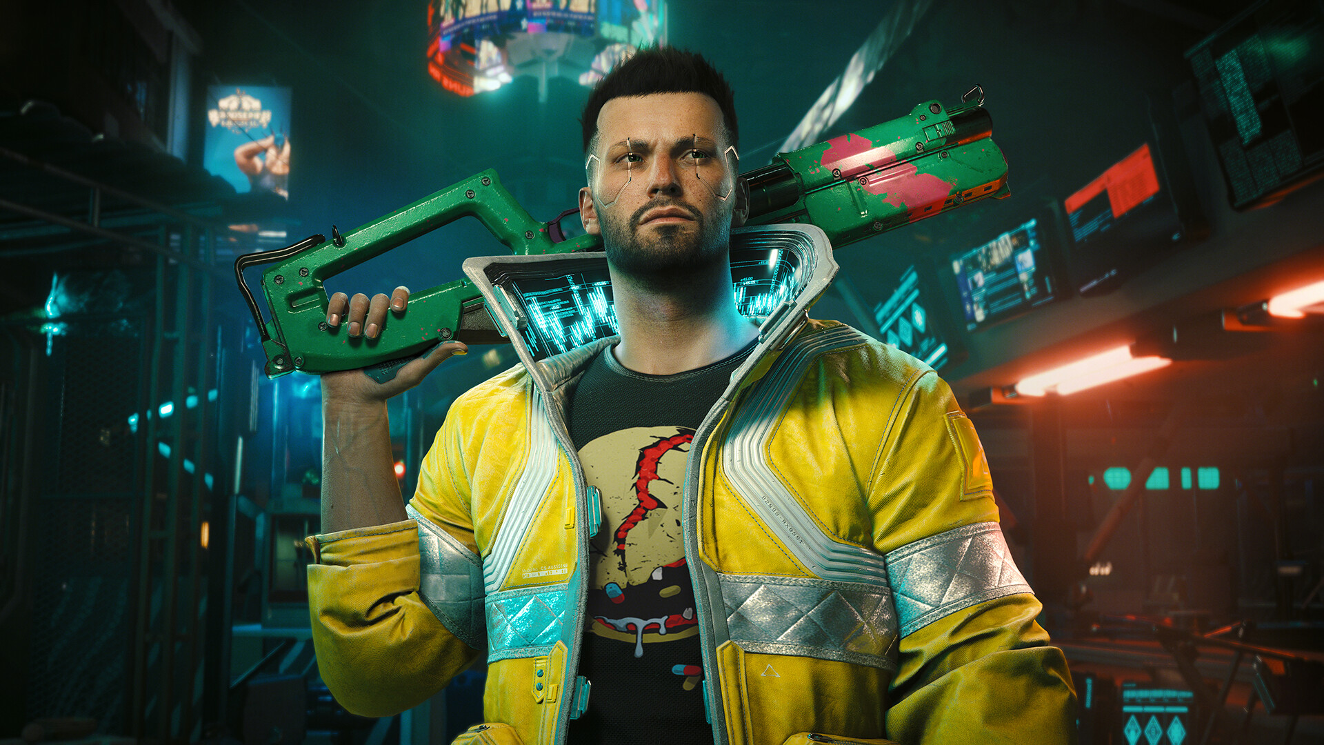 Cyberpunk 2077 gameplay screenshot showing a neon-lit Night City street scene