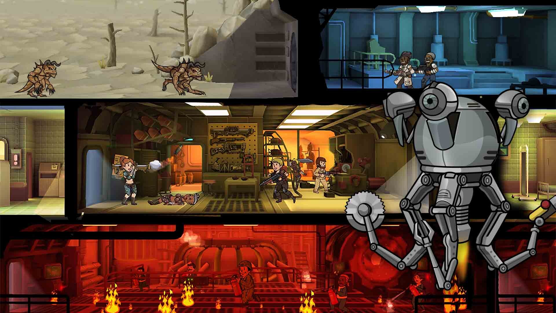 Fallout Shelter vault interior with dwellers and resource rooms, from Bethesda Game Studios free-to-play management game