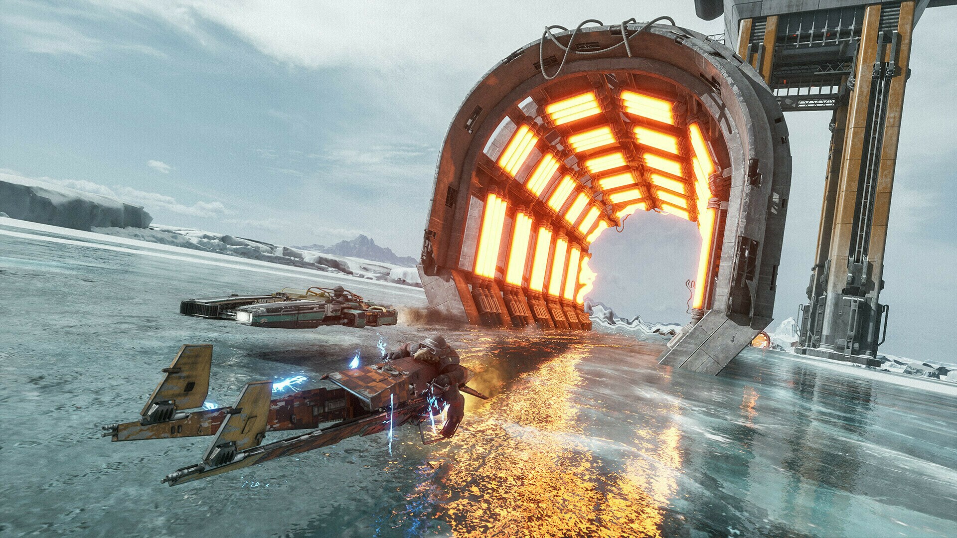 Four repulsorcraft race across a desert landscape in Star Wars: Galactic Racer
