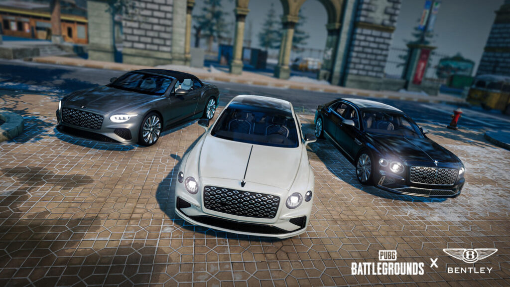 Bentley vehicles parked on an official PUBG: Battlegrounds map