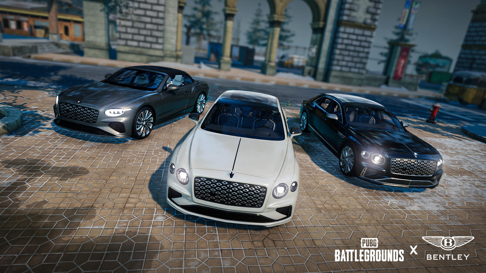 Bentley vehicles parked on an official PUBG: Battlegrounds map