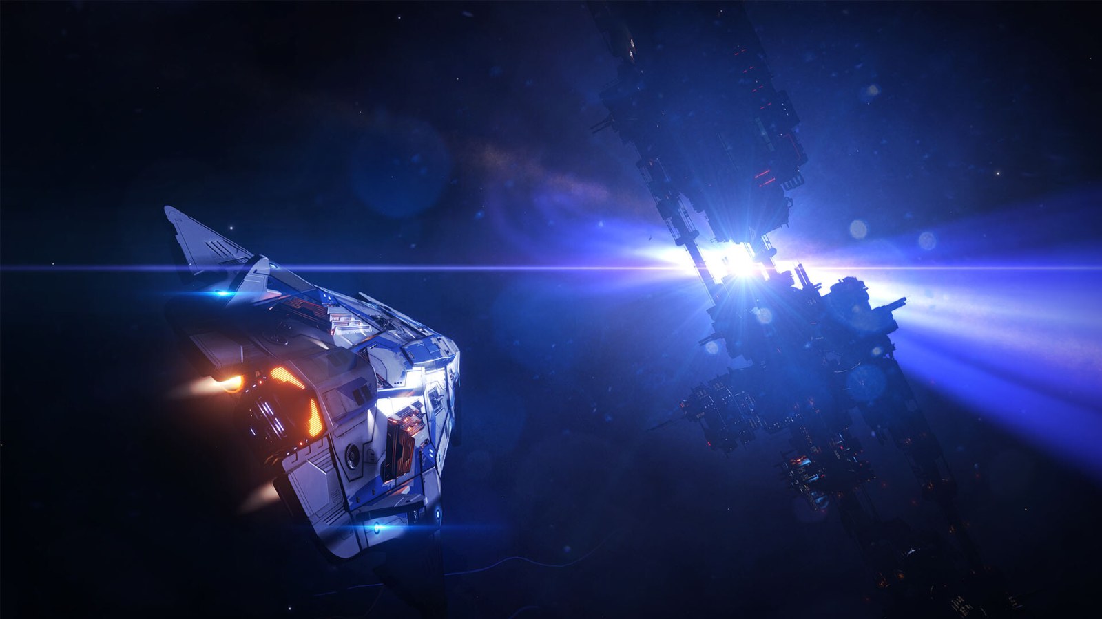 Elite Dangerous gameplay screenshot showing a spacecraft in flight against deep space