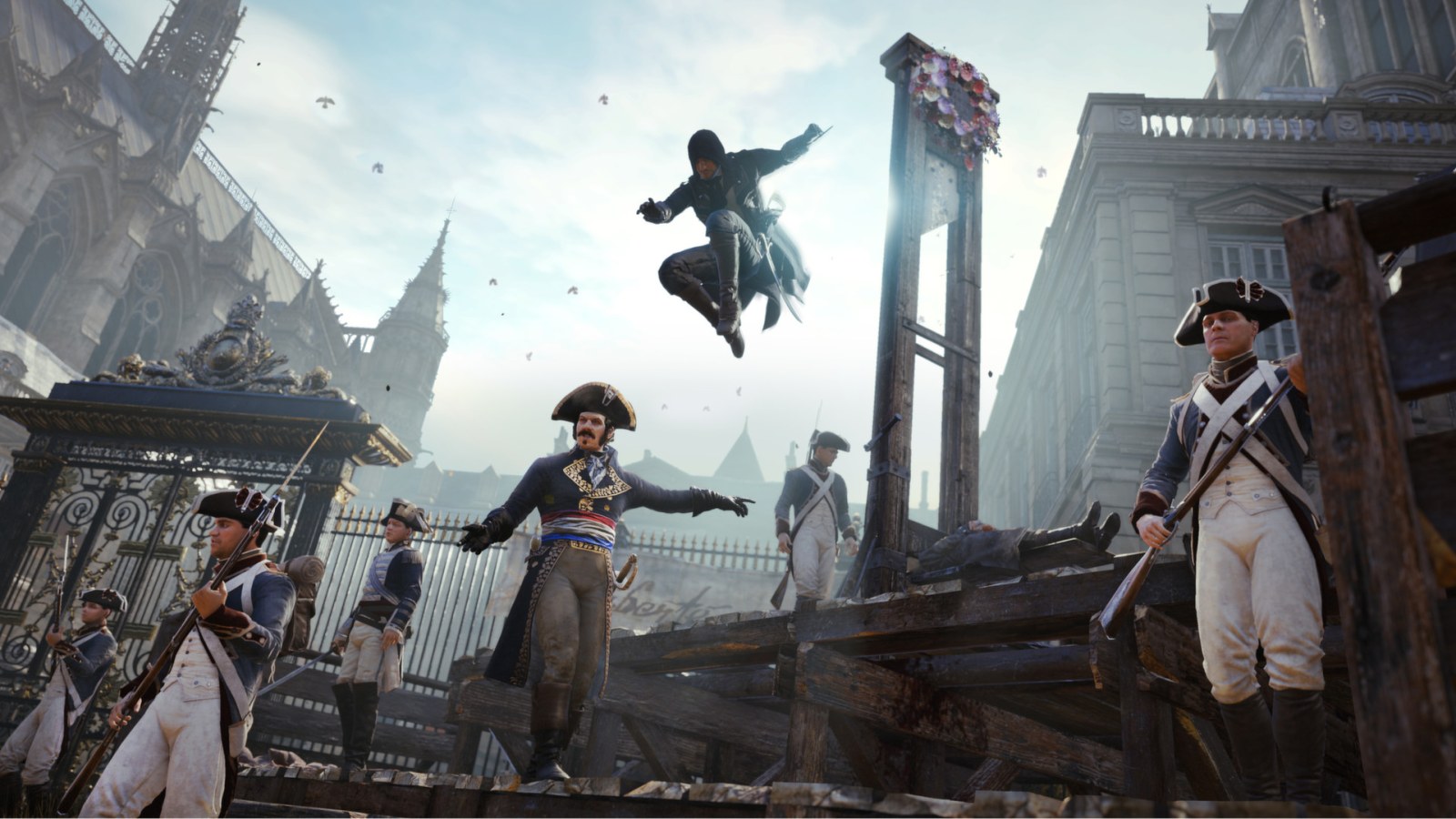 Four assassins stand together above a crowd in revolutionary Paris in Assassin’s Creed Unity