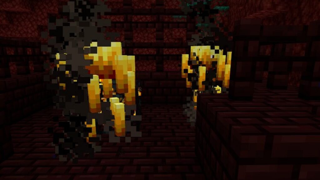 A Blaze floating inside a Nether fortress in Minecraft