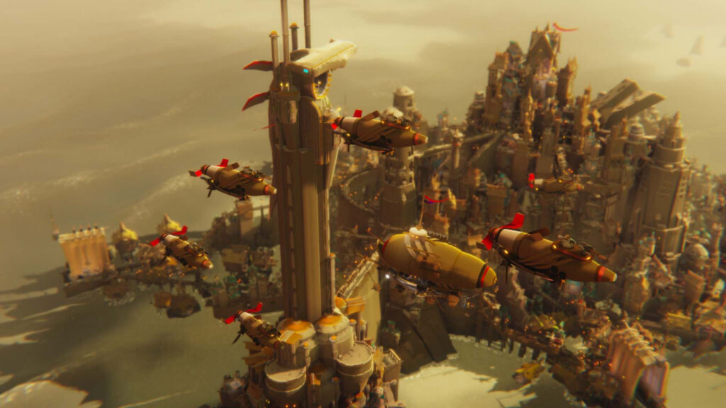 Bulwark settlement with towers and airships above the Ursee