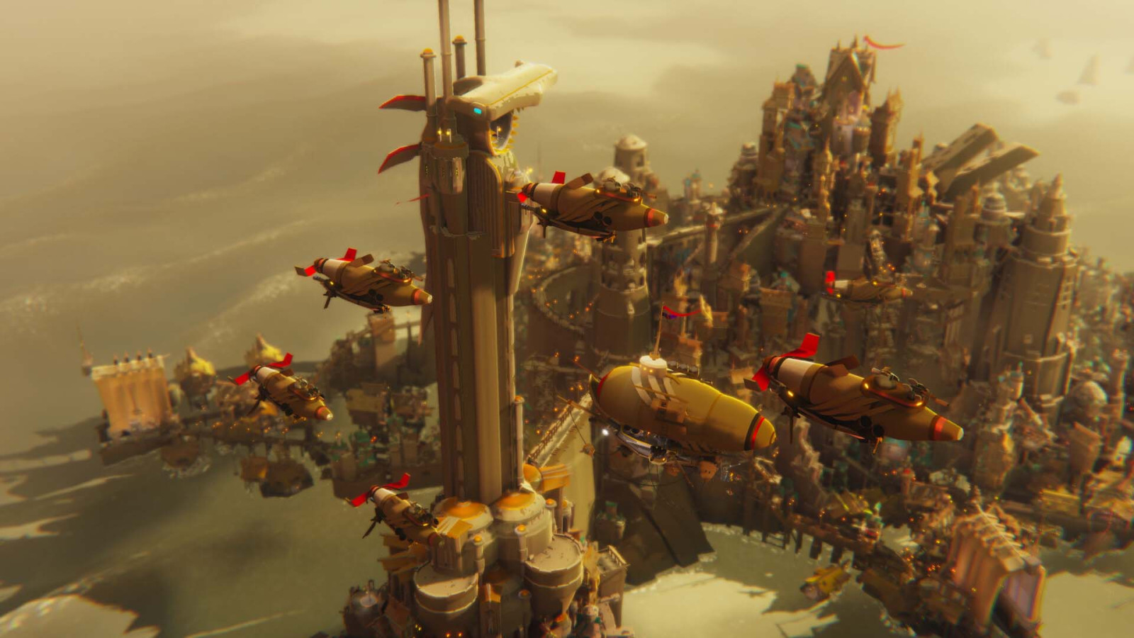 Bulwark settlement with towers and airships above the Ursee