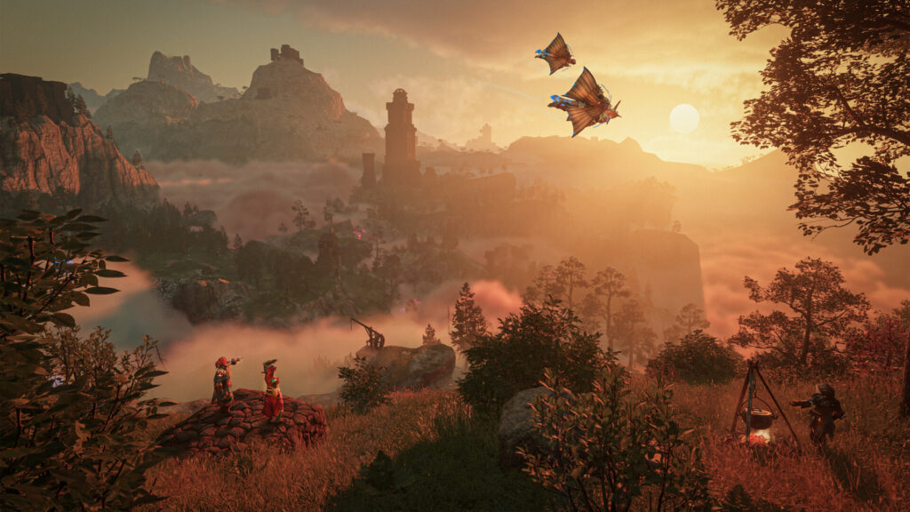 Enshrouded player character overlooking a sunlit landscape