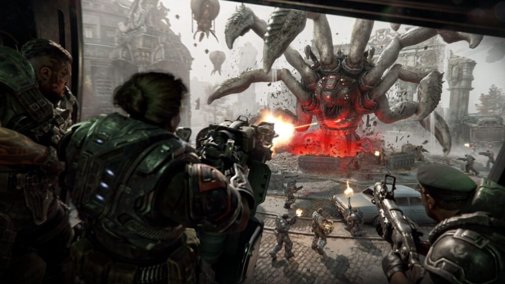 Gears of War: E-Day Horde Siege gameplay featuring a Corpser