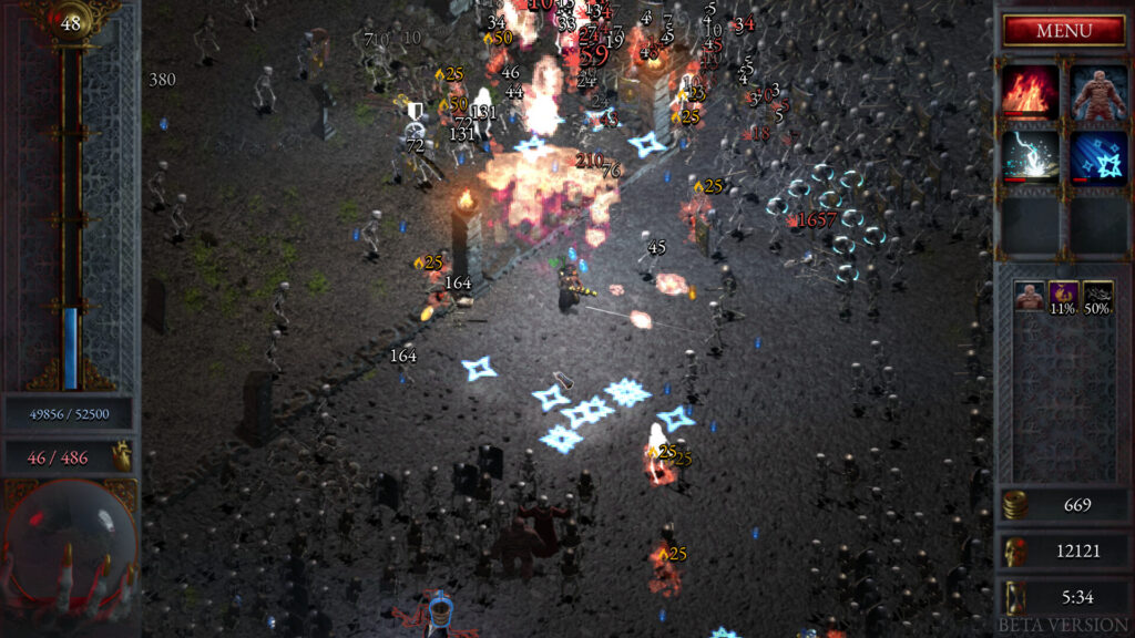 Halls of Torment gameplay showing a character fighting a large group of enemies