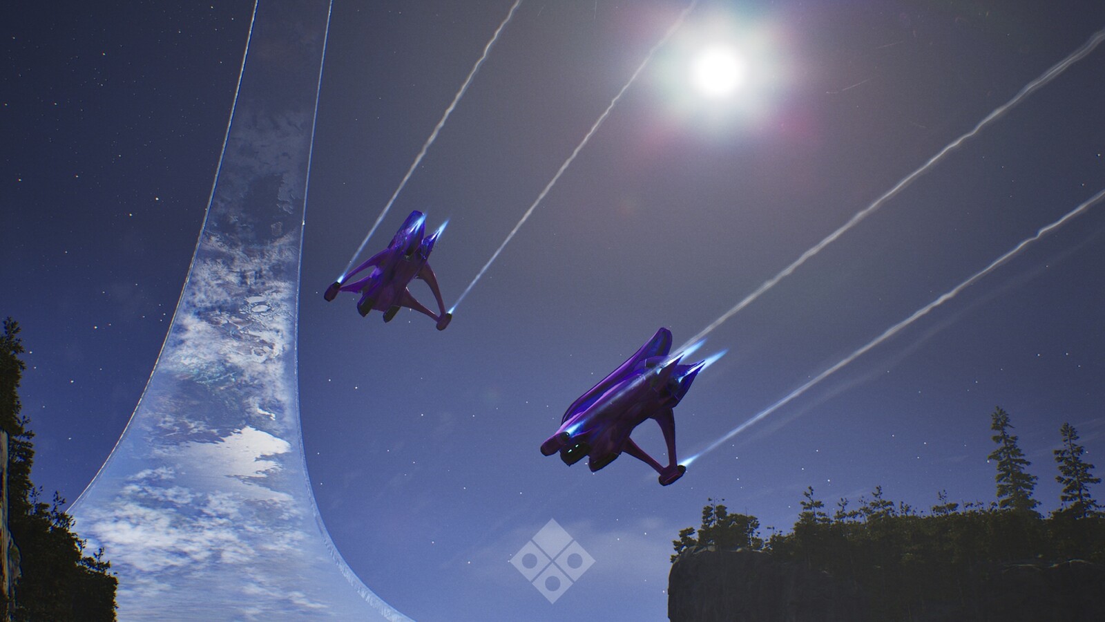 Two Banshees fly toward the Halo ring horizon in Halo: Campaign Evolved.