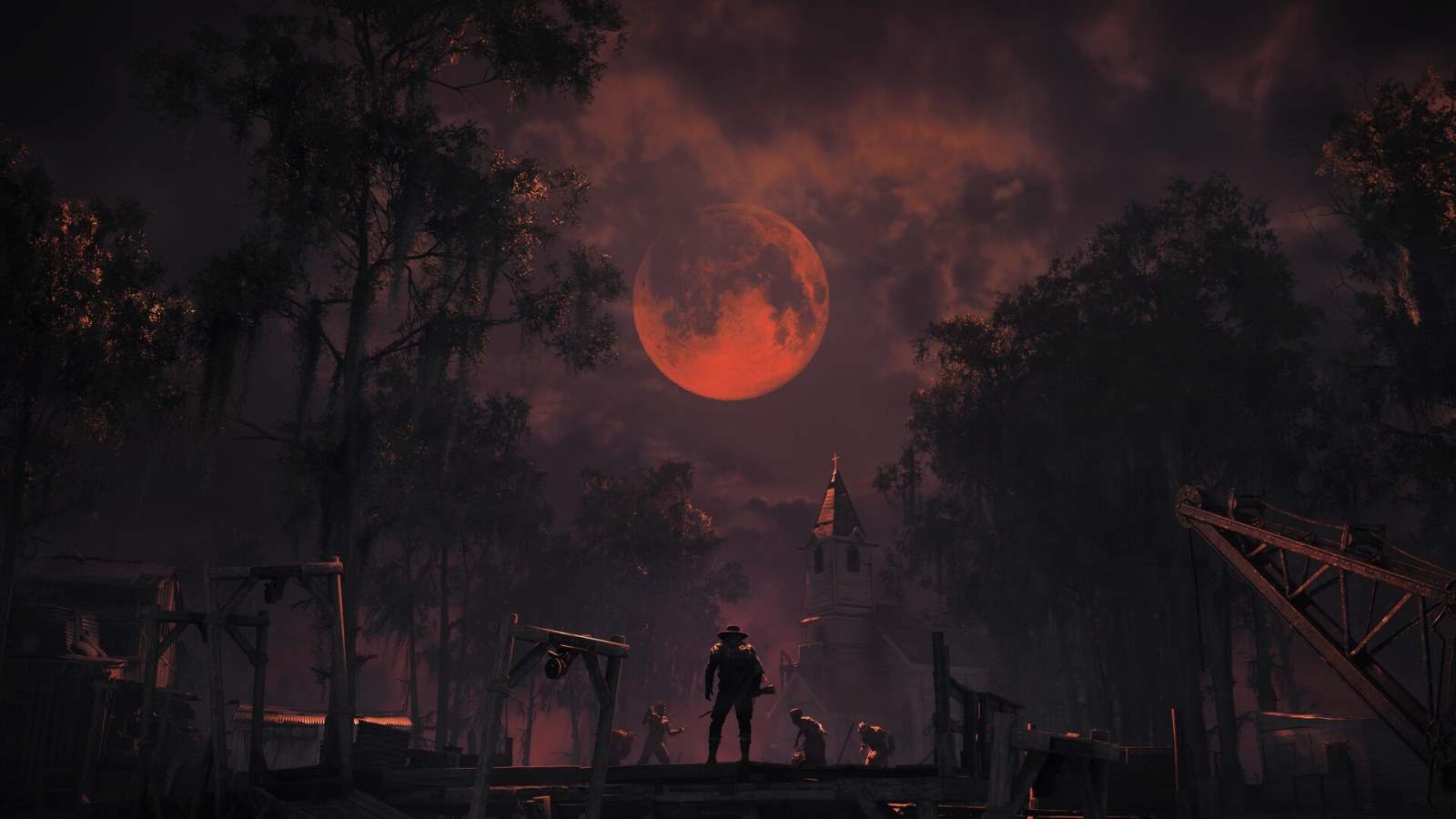 Hunters moving through a dark outdoor combat area in Hunt: Showdown 1896