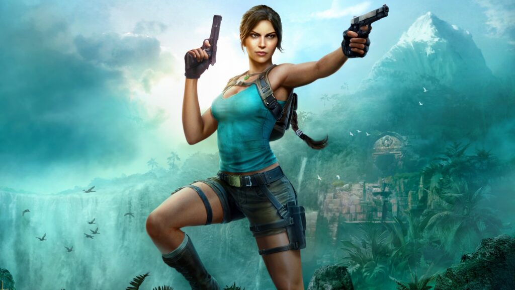 Lara Croft aims dual pistols in a jungle combat scene from Tomb Raider: Legacy of Atlantis