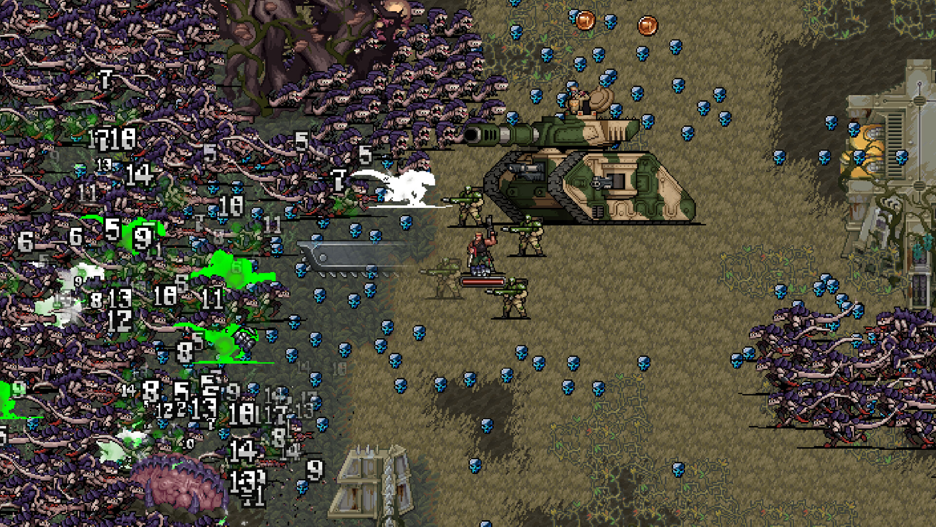 Warhammer Survivors gameplay with a champion fighting a crowd of enemies