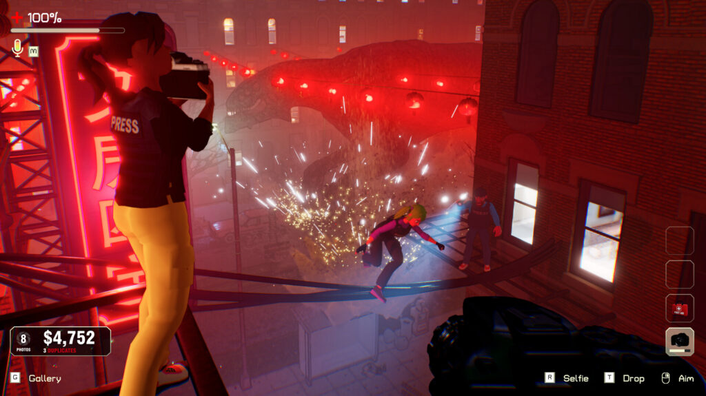 The Headliners gameplay: journalists photographing a creature overrunning New York