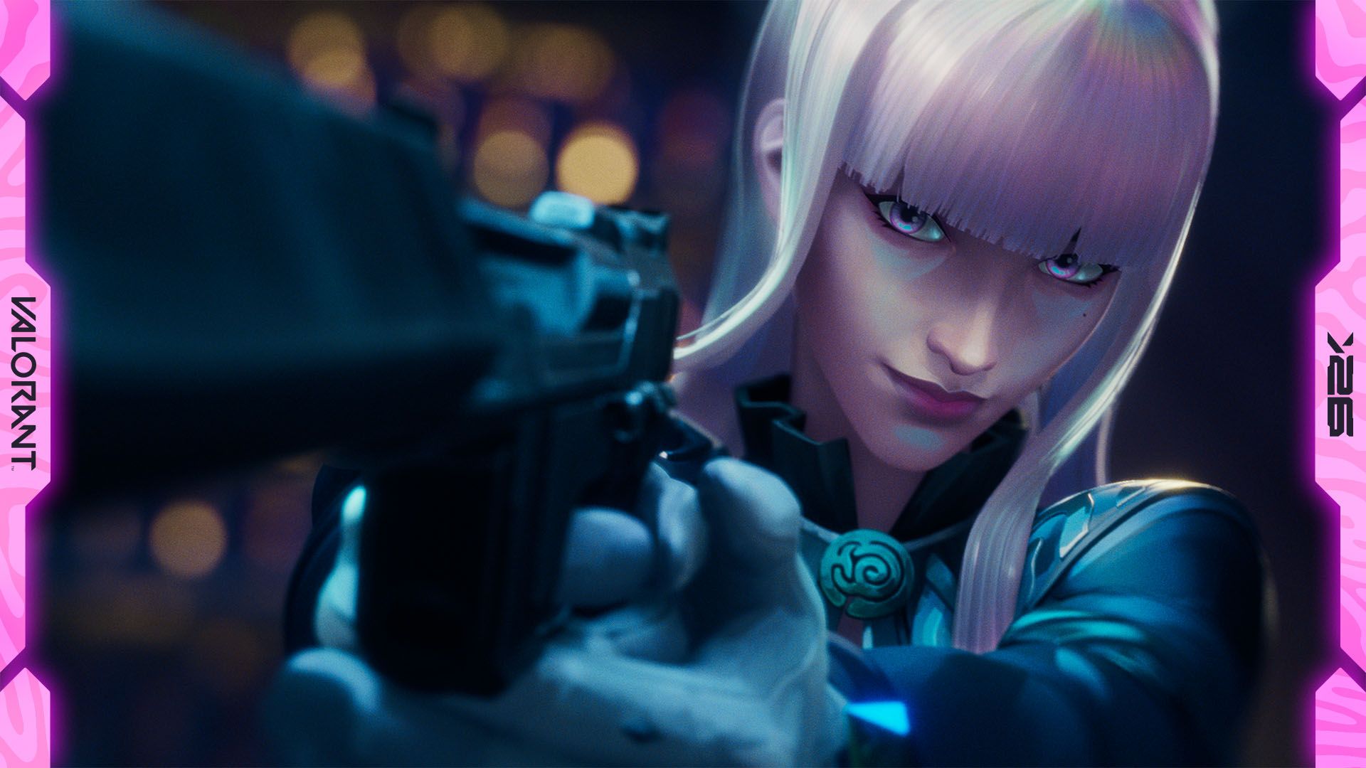 Hush, VALORANT's reality-bending Duelist from Guangdong, China, in the RISE AND FALL reveal trailer key art.