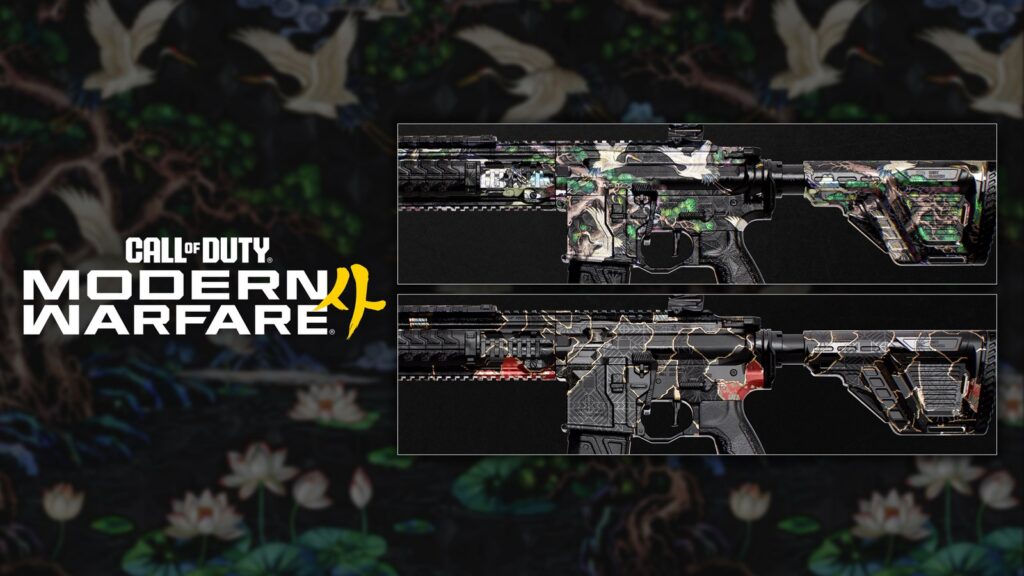 Two assault rifles with decorative camouflage patterns beside the Modern Warfare 4 logo