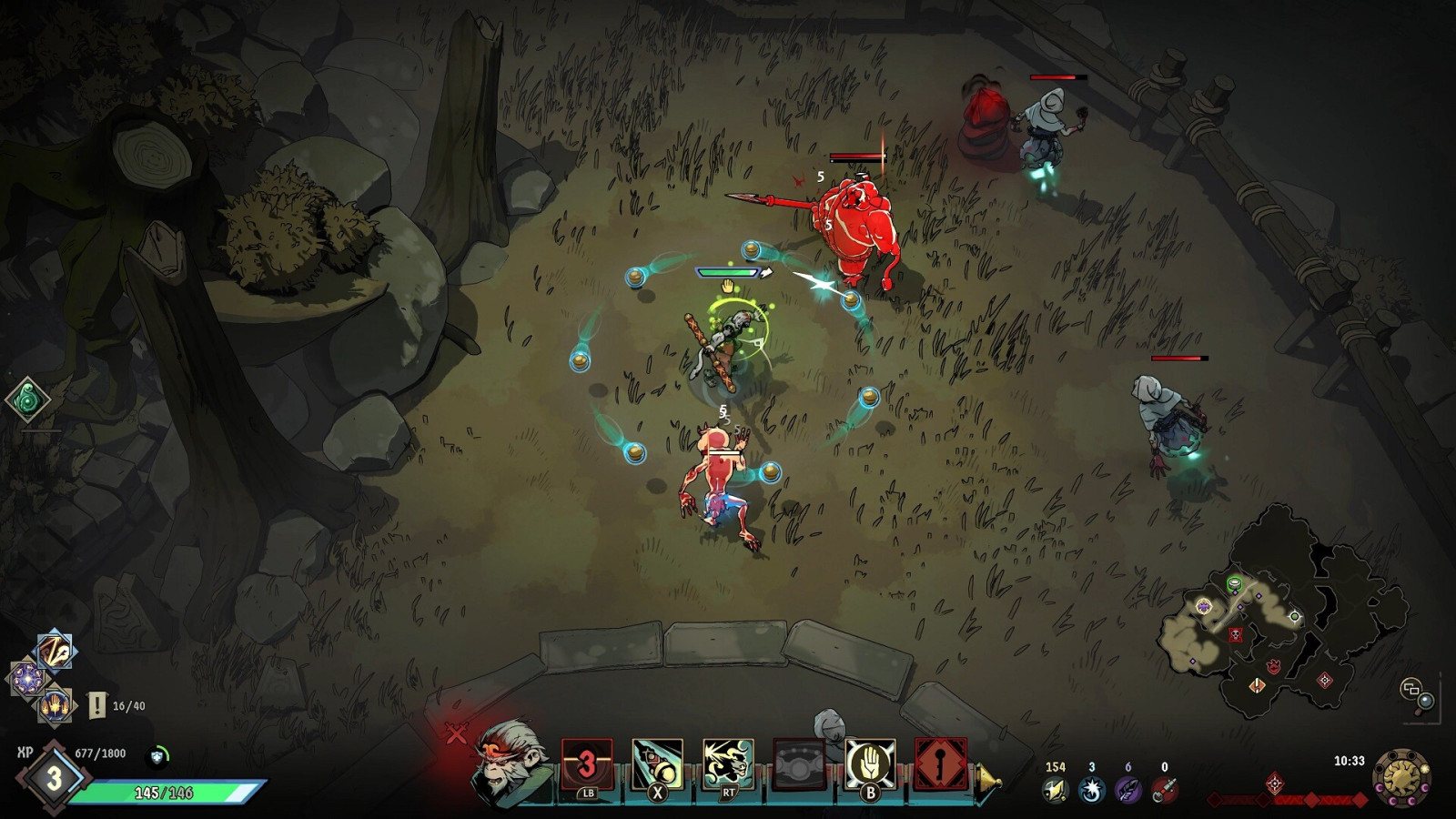 Kintarō and Kuma fighting enemies in Ravenswatch